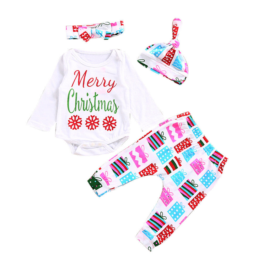 My First New Years Baby Boy Girls Print Tops Romper Clothes Sets Christmas Party Clothing Wear Romper Long Pants Hat+Headband