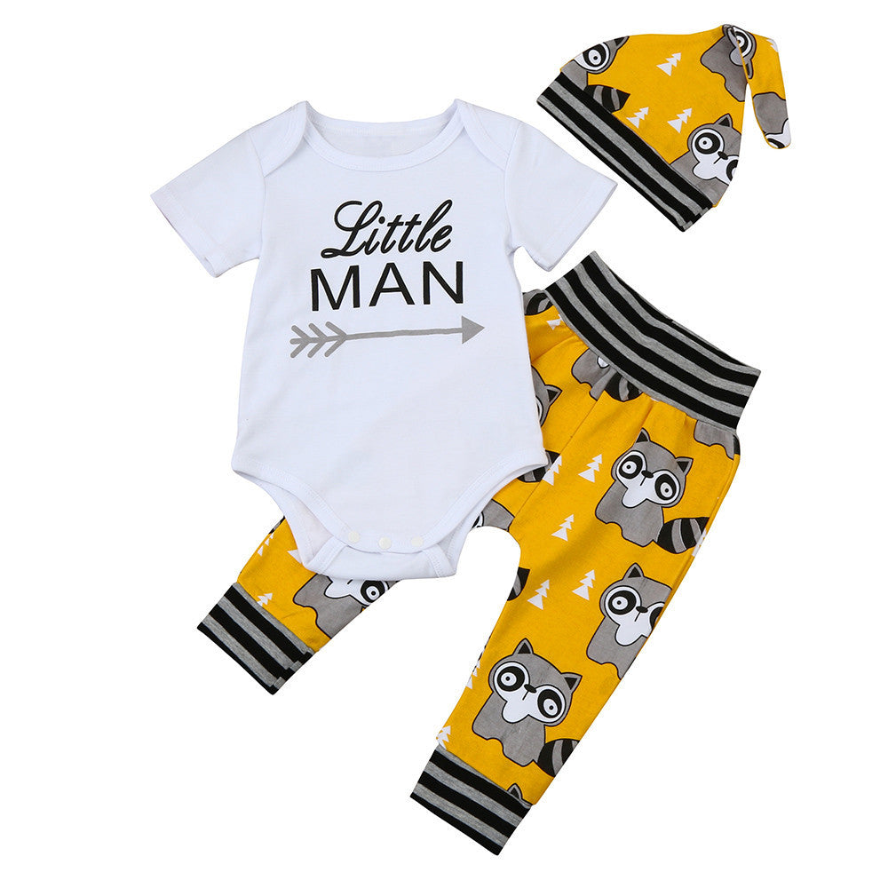 2017 Cartoon Baby Boys Outfits Tops Romper Bodyusit Pants Hat 3PCS Autumn Clothes Set