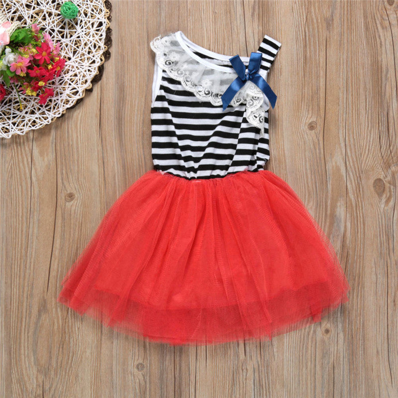 Lace Bowknot Dresses for Baby Girl, Summer Princess Striped Sleeveless Dress Clothing for Girls, Kids Party Clothes