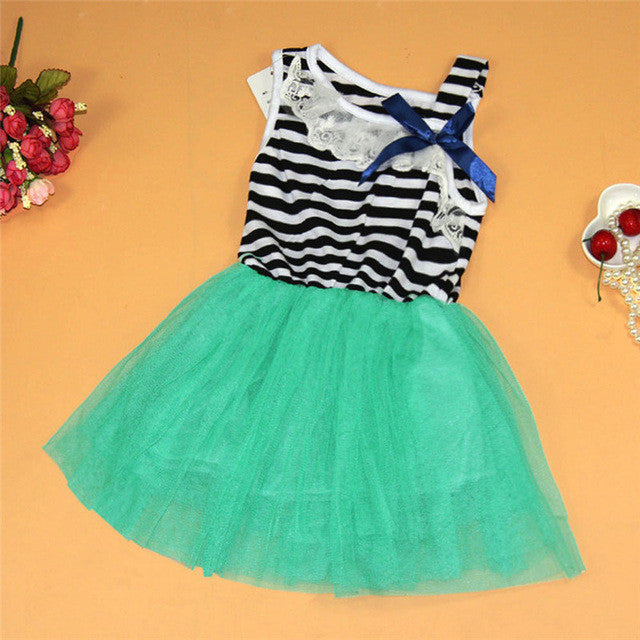 Lace Bowknot Dresses for Baby Girl, Summer Princess Striped Sleeveless Dress Clothing for Girls, Kids Party Clothes