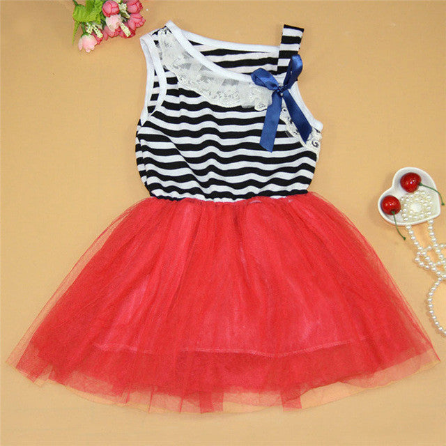 Lace Bowknot Dresses for Baby Girl, Summer Princess Striped Sleeveless Dress Clothing for Girls, Kids Party Clothes
