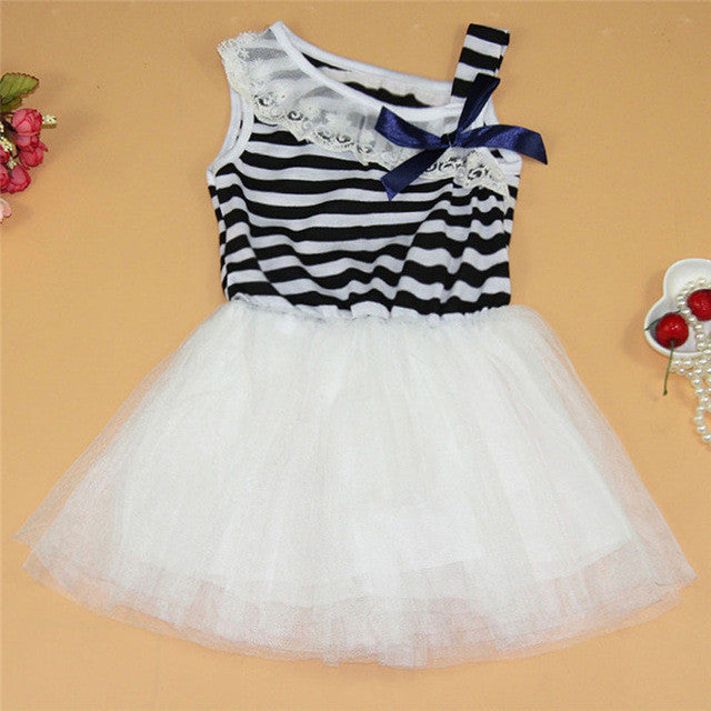 Lace Bowknot Dresses for Baby Girl, Summer Princess Striped Sleeveless Dress Clothing for Girls, Kids Party Clothes