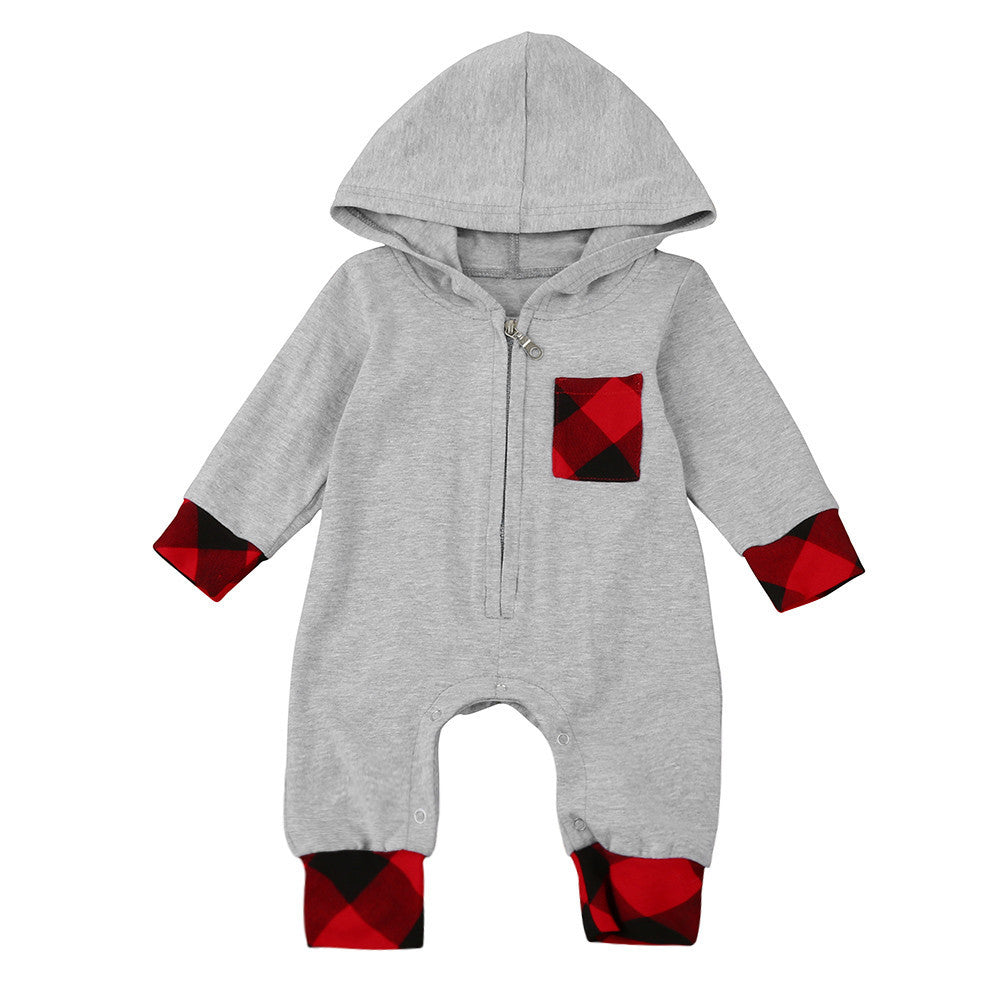 Newborn Infant Baby Boy Girl Plaid Hooded Romper Jumpsuit Outfits Clothes