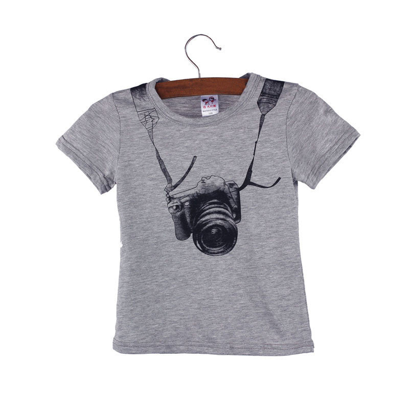 Summer Children Boy Kids Camera Short Sleeve Tops O Neck T Shirt Tees Clothes