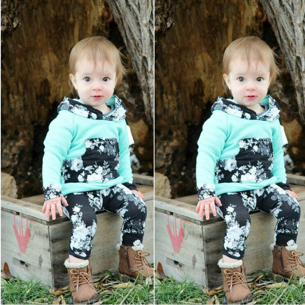 Kids Infant Baby Long Sleeve Floral Print Hood Tops +Pants Outfits Clothes Set