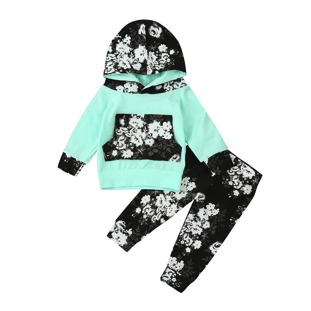 Kids Infant Baby Long Sleeve Floral Print Hood Tops +Pants Outfits Clothes Set