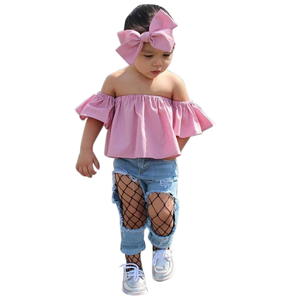 Toddler Kids Baby Girl Off Shoulder Ruffle T-Shirt Tops Summer Clothes Outfits