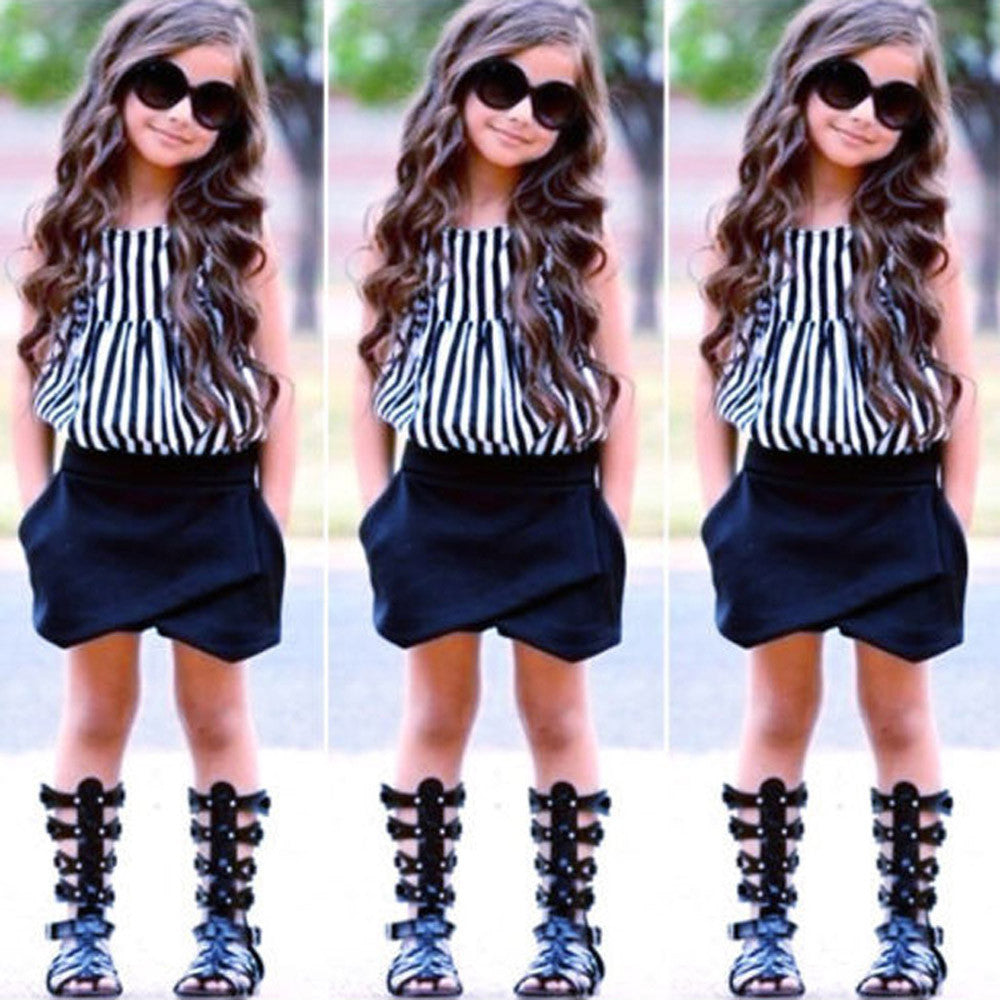 Toddler Kids Baby Girls Outfit Clothes Striped T-shirt Tops+Shorts Pants Set