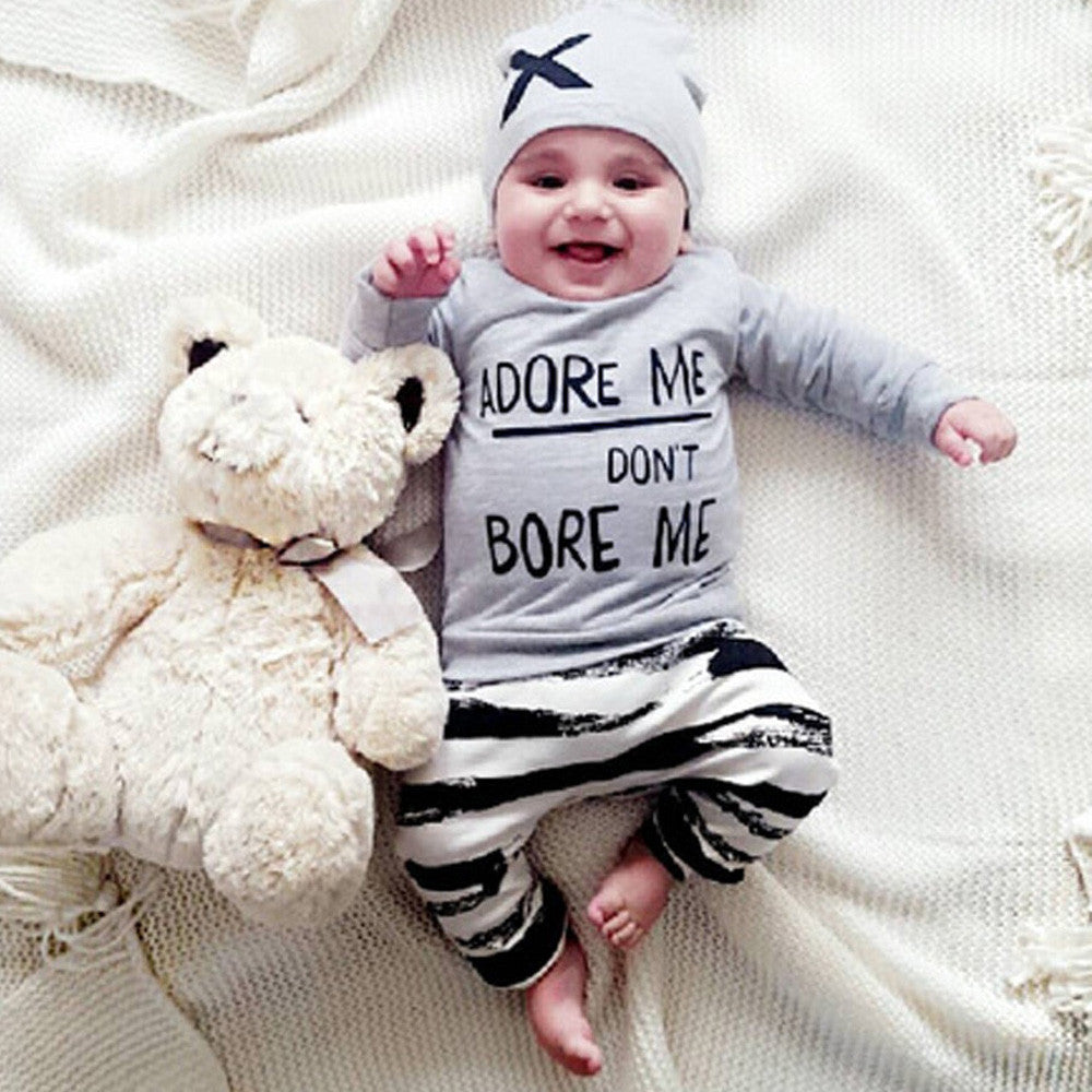 Newborn Baby Boy Girl Long Sleeve Letter Print Tops+Pant+Cap Outfits Clothes Set