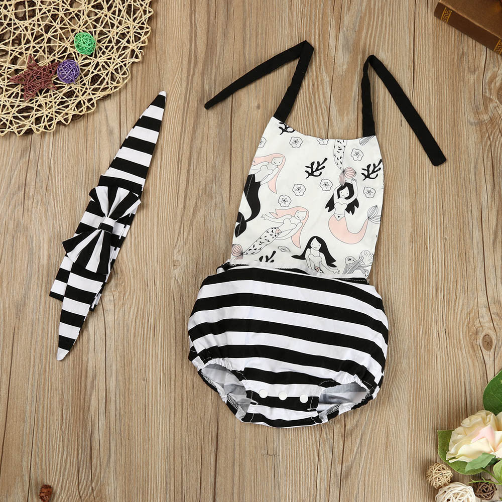 Toddler Baby Girl Print Striped Romper Jumpsuit Headband Clothes Outfit Sunsuit