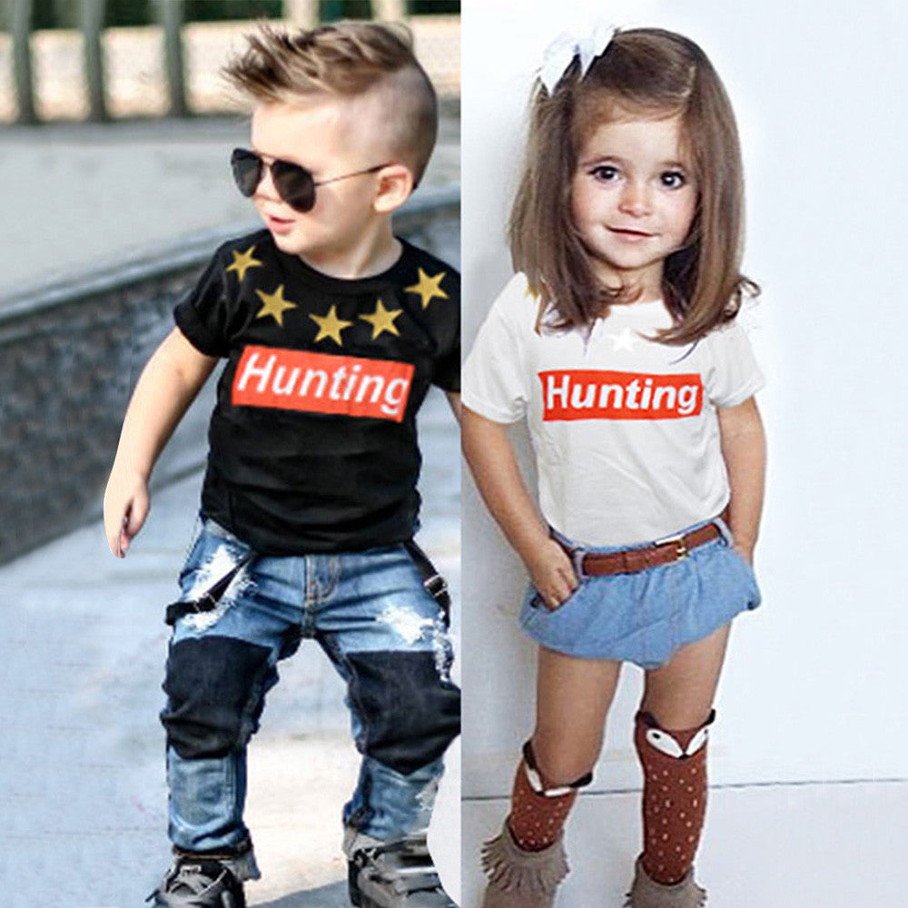 Toddler Baby Girls Boys Letter Short Sleevel Tops Star Shirt Outfits Clothes