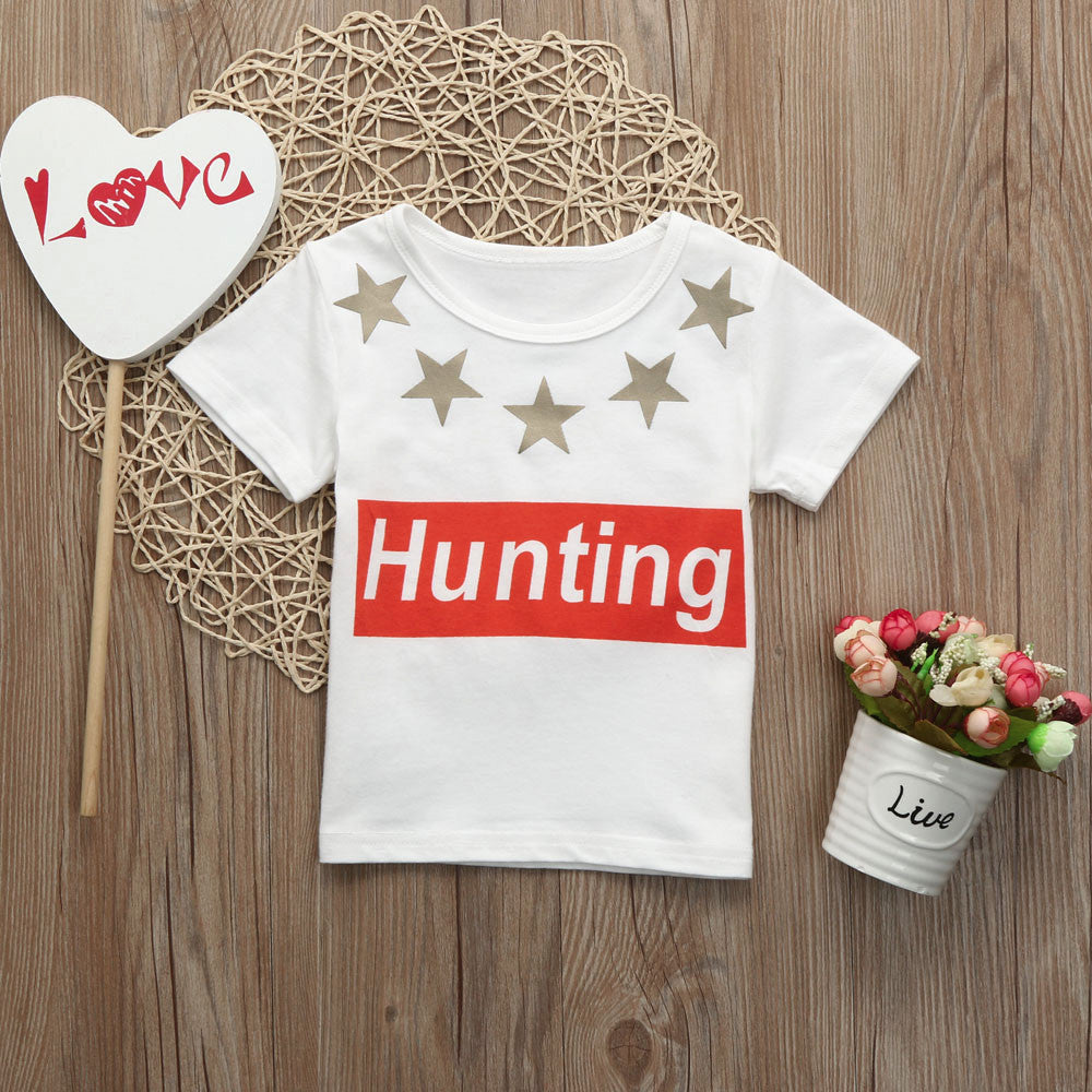 Toddler Baby Girls Boys Letter Short Sleevel Tops Star Shirt Outfits Clothes