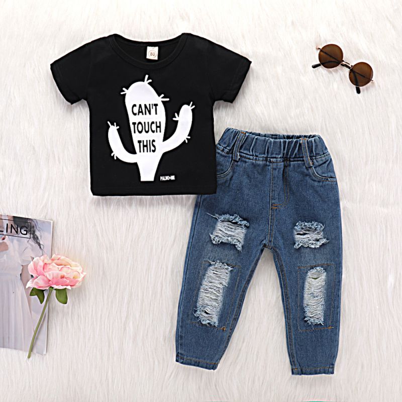Cool Summer Boys Clothes Set Casual Cactus Letter Print T-shirt+Holes Jeans Kid Clothes Suit Hot Child Clothing