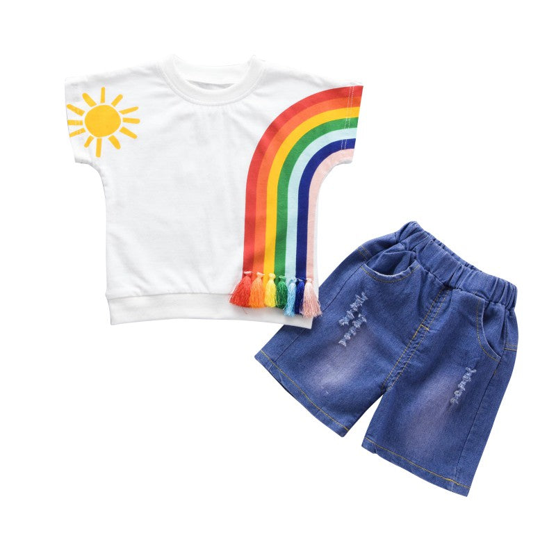 New Style Baby Sets Two Pieces Girls Summer Set Baby Rainbow Pattern Short Sleeve T-Shirt + Jeans Comfortable For Dressing